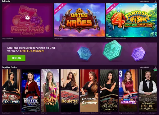 Entdecke exklusive Slots wie Flame Fruits Frenzy und Gates of Hades sowie Top Live-Casino Exklusive Spiele und Live-Casino Highlights bei Malina Casino